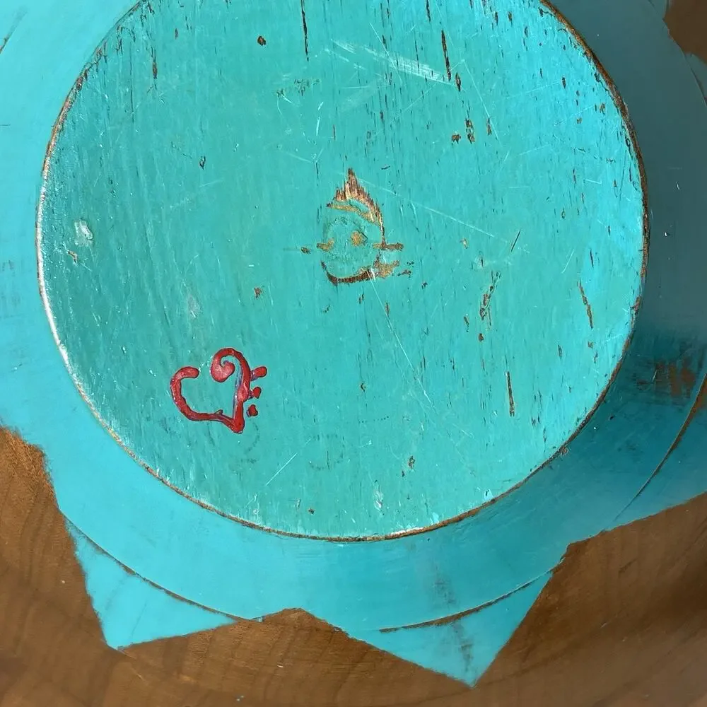 Wooden Bowl Hand Painted Red Turquoise Southwest Decor Art‎ Signed 14 x 4.5